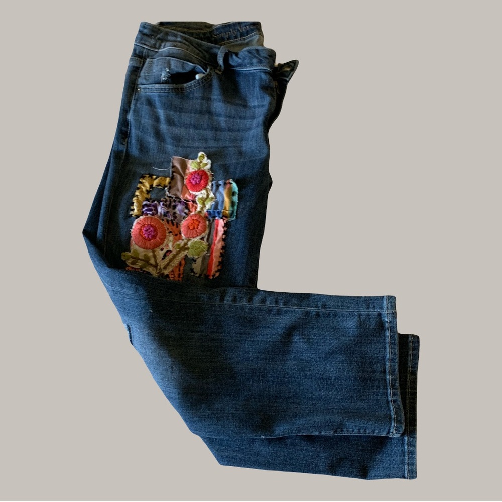 Embroidered Floral Upcycled Blue Jeans with Patches of Color